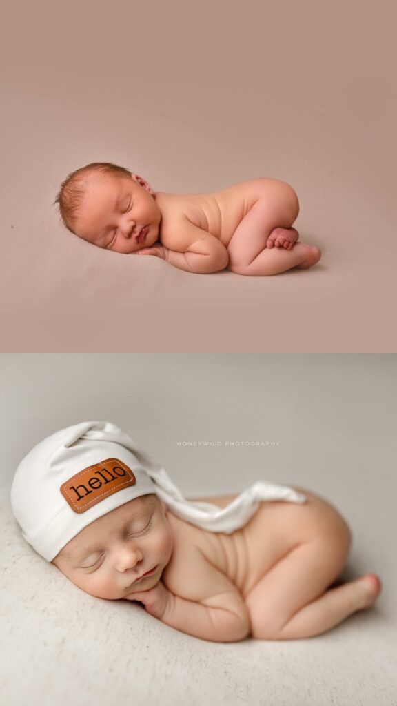 Before and after images of babies laying on their bellies