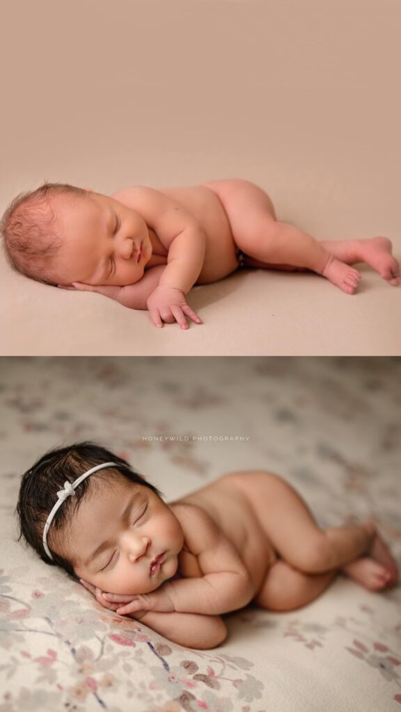 Before and after images of newborn baby side sleeping