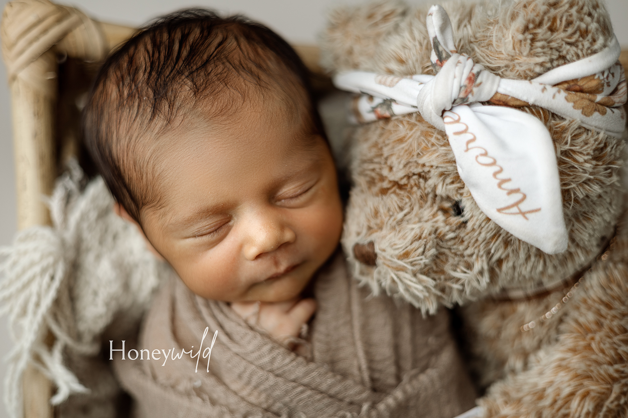 Close-up portrait of a sleeping newborn resting beside a soft teddy bear during a Honeywild Photography session specializing in newborn photography in Grand Rapids, MI