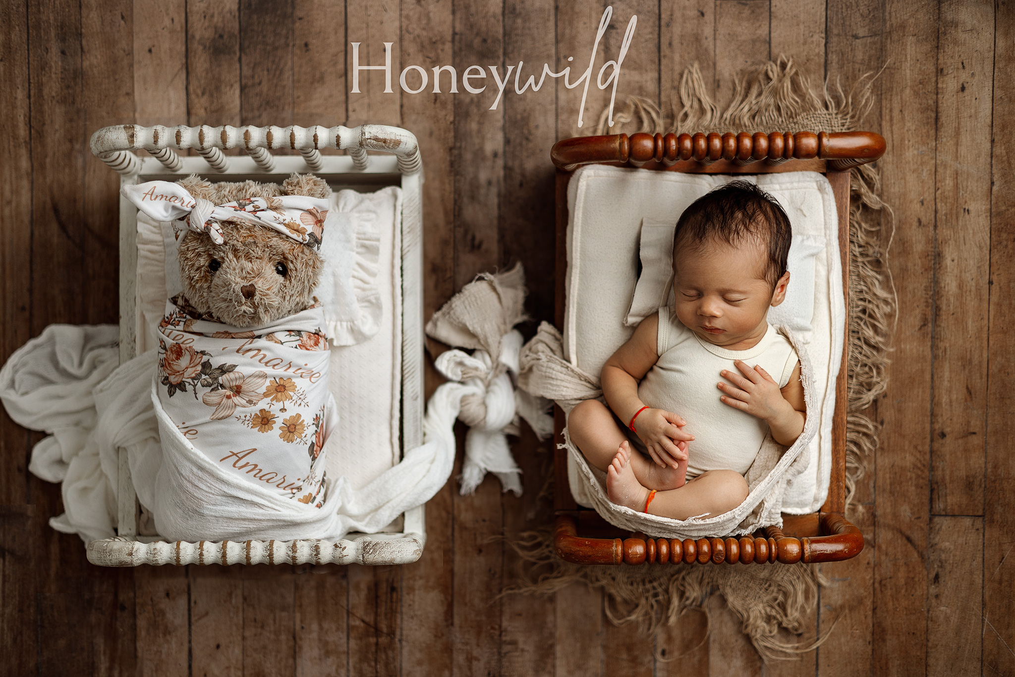 Newborn sleeping in a cozy wooden prop bed next to a memorial teddy bear, photographed during a Honeywild newborn photography session in Grand Rapids, Michigan