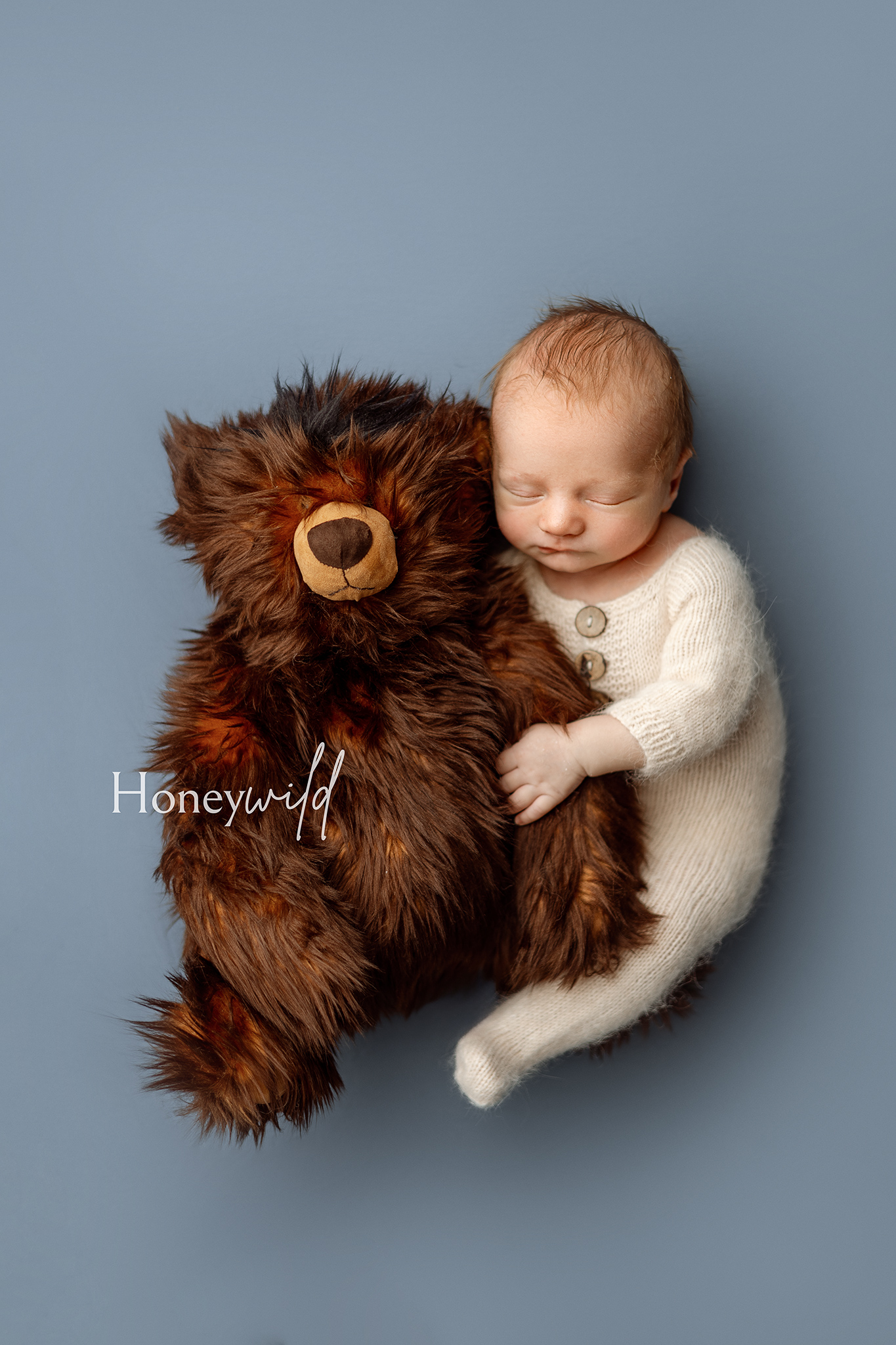 Newborn baby sleeping peacefully while holding a soft brown teddy bear during a calm newborn photography session in Grand Rapids, Michigan