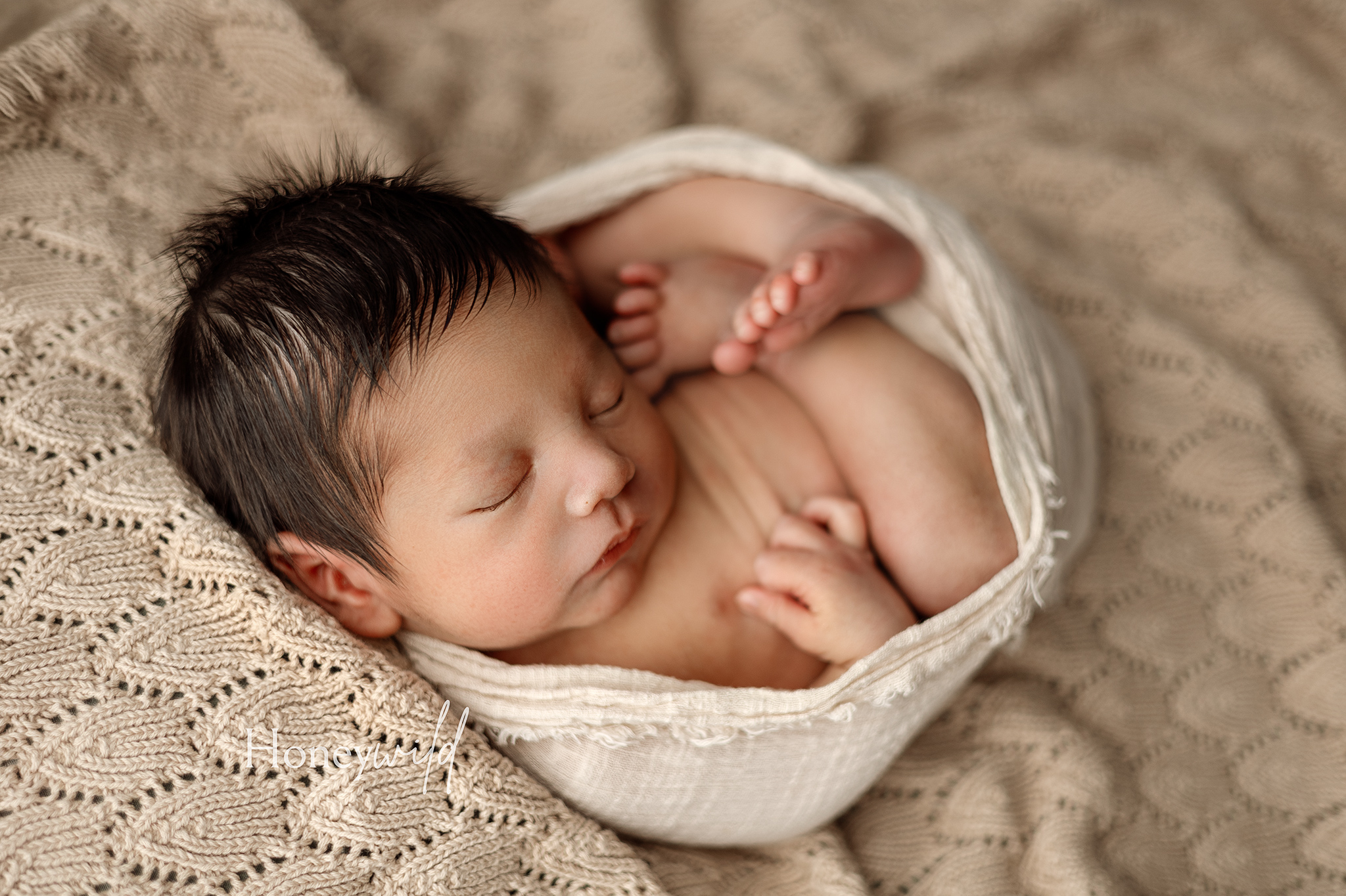 Studio newborn portrait with warm neutral tones by Michigan newborn photographer