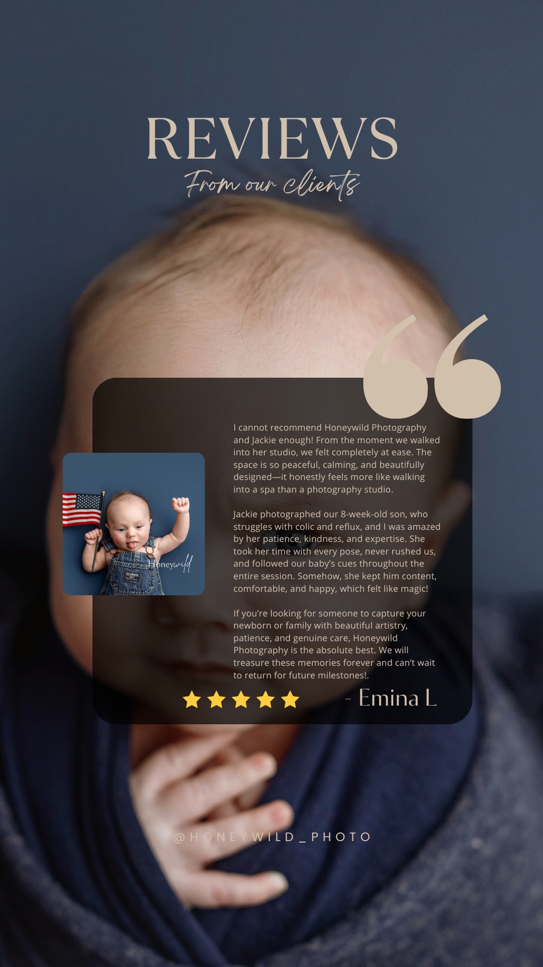 Five star client review of Honeywild Photography Grand Rapids newborn photographer featuring a baby in an American flag outfit