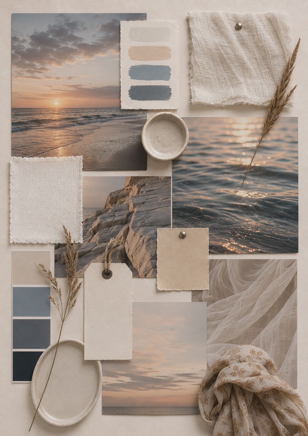 Mood board for a beach maternity session — muted blue and warm neutral tones, ocean and sunset imagery