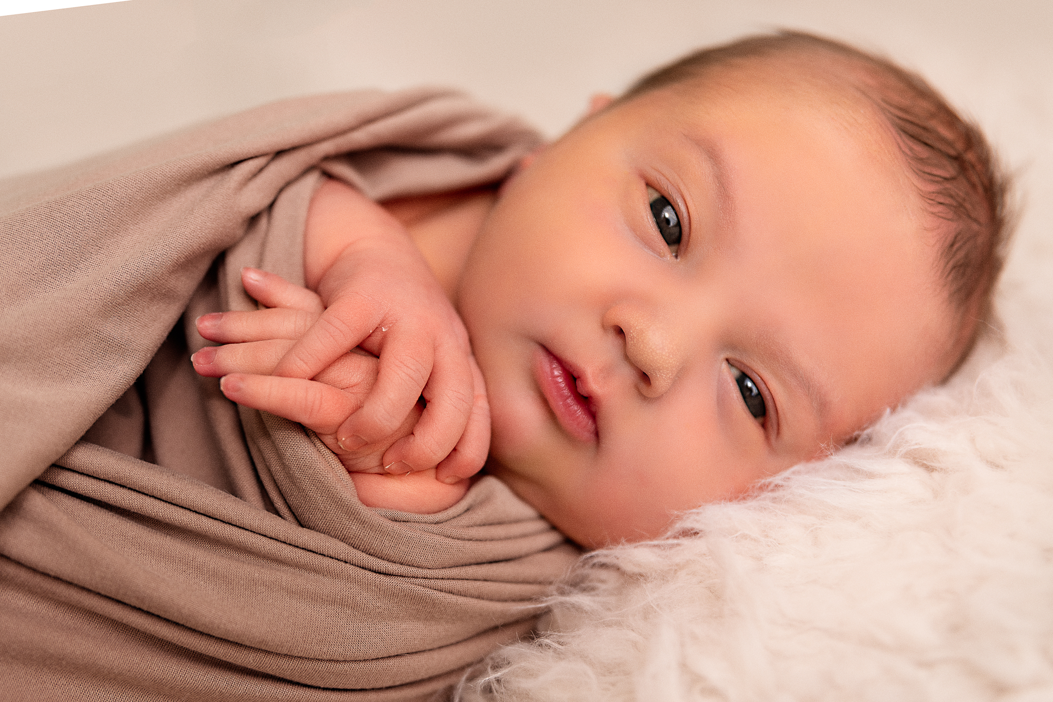 Newborn baby lying between two older siblings wearing matching "big sister" and "big brother" shirts, studio sibling portrait